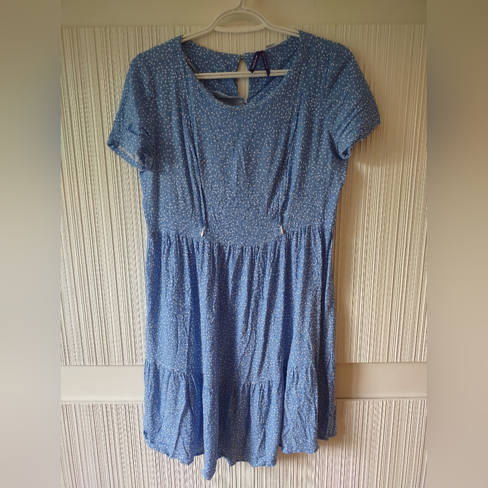 Seraphine Blue Printed Short-Sleeve Tiered Dress
